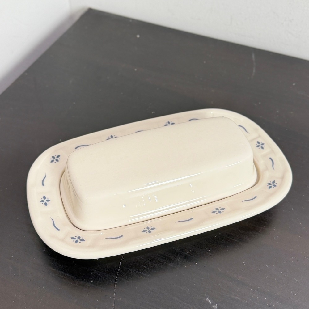 Longaberger Pottery Woven Traditions Heritage Blue Butter Dish with Lid USA Made